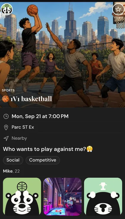 Activity card “1V1 basketball” — Mike, 22, fictional profile, looking for an opponent at the park; generated street-basketball illustration