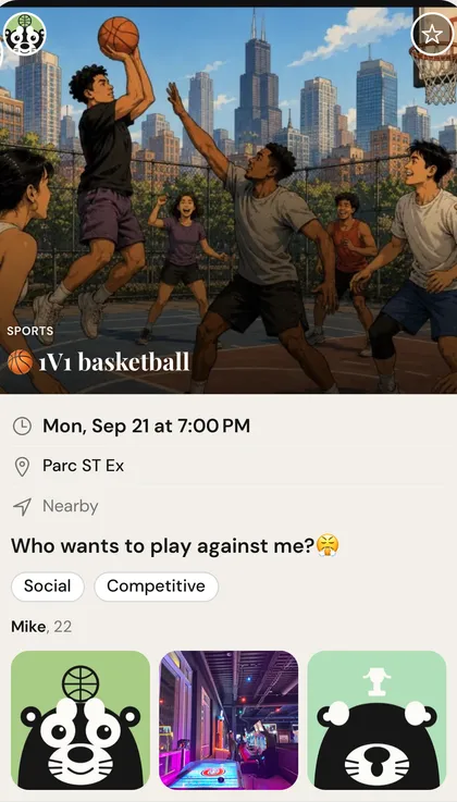 Activity card “1V1 basketball” — Mike, 22, fictional profile, looking for an opponent at the park; generated street-basketball illustration
