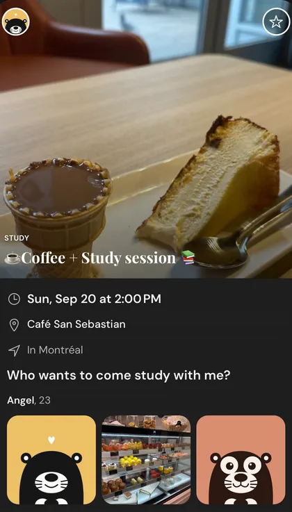 Activity card “Coffee + Study session” — Angel, 23, fictional profile, inviting people to study over coffee and desserts at San Sebastian Cafe