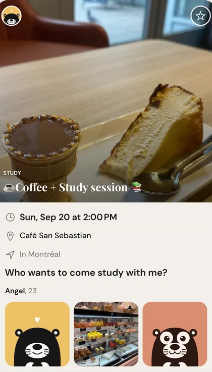 Activity card “Coffee + Study session” — Angel, 23, fictional profile, inviting people to study over coffee and desserts at San Sebastian Cafe
