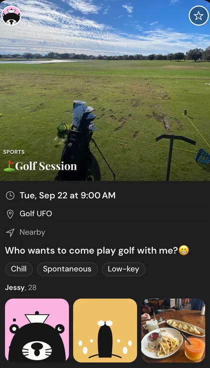 Activity card “Golf Session” — Jessy, 28, fictional profile, inviting someone to a driving-range session