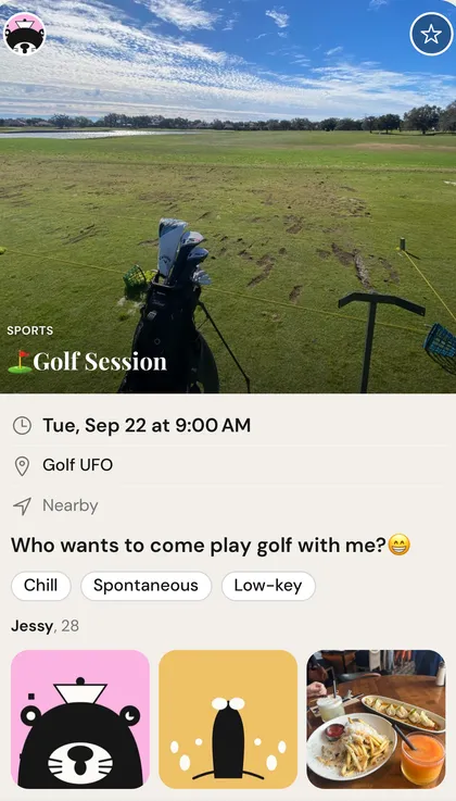 Activity card “Golf Session” — Jessy, 28, fictional profile, inviting someone to a driving-range session