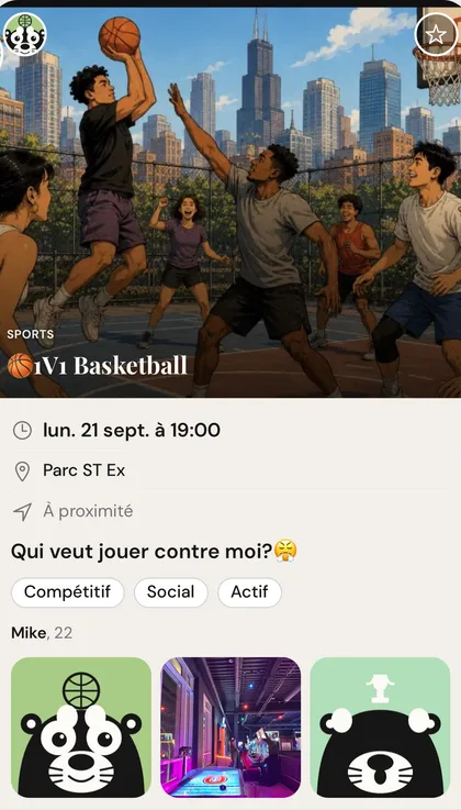 Carte d'activité « 1V1 Basketball » — Mike, 22, profil fictif, cherche un adversaire au parc; illustration générée d'un match de rue