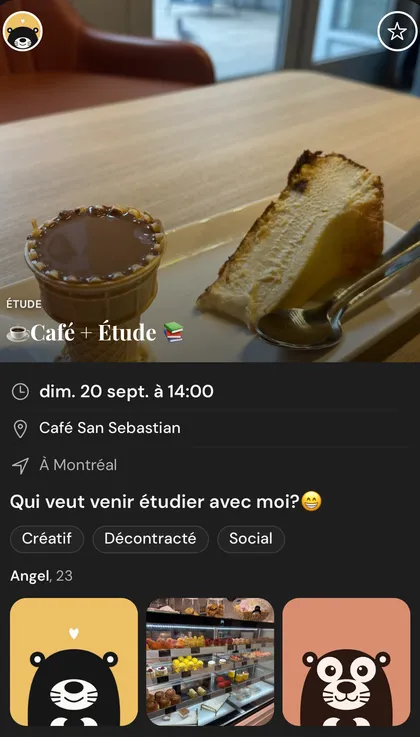Carte d'activité « Café + Étude » — Angel, 23, profil fictif, invite à étudier autour d'un café et de desserts au Café San Sebastian