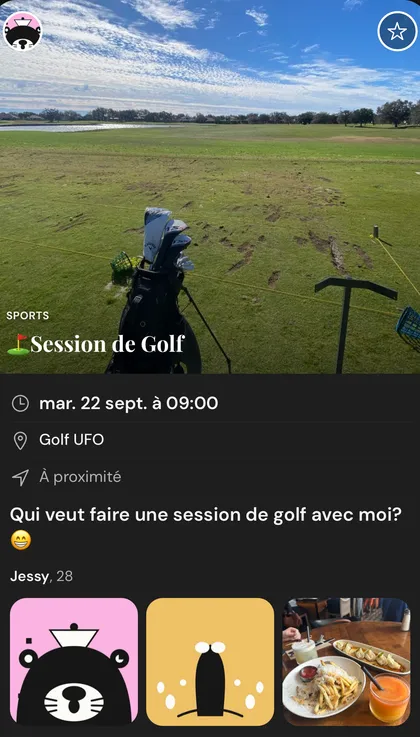 Carte d'activité « Session de Golf » — Jessy, 28, profil fictif, propose une session au terrain de pratique